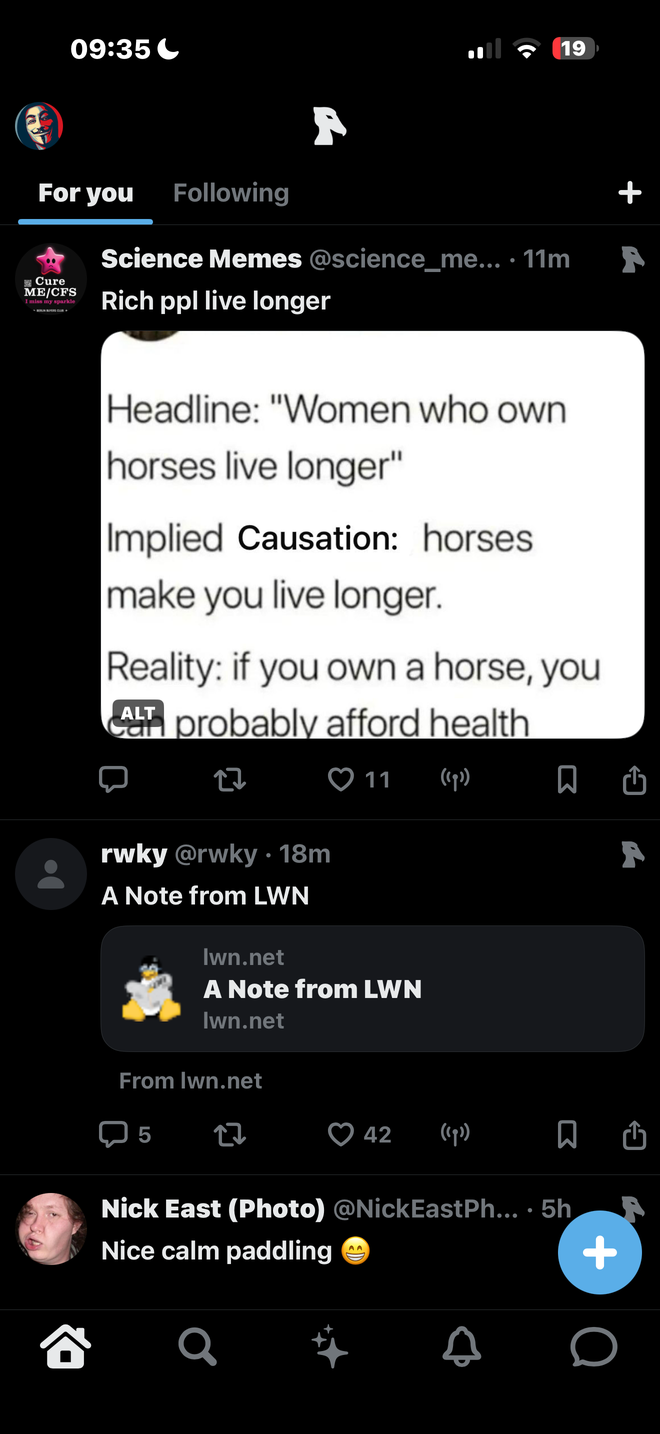One Shoebill timeline holding a link card, an image post and a short text post from different networks.